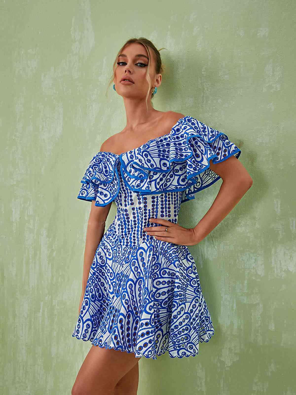 Off Shoulder Ruffle Trim Eyelet Embroidered Scallop Hem Mini Dress 2