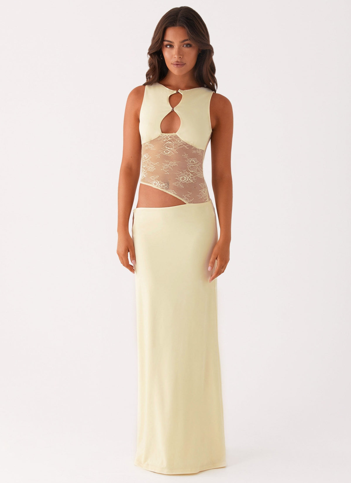 High Neck Double Keyhole Lace Panel Waist Cutout Column Maxi Dress
