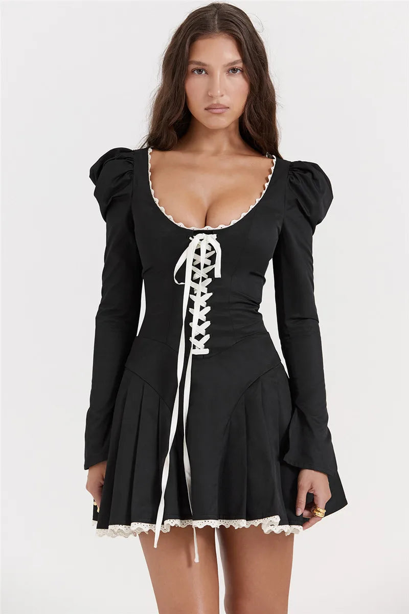 Lace Trim Corset Lace Up Puff Sleeve Pleated Mini Dress