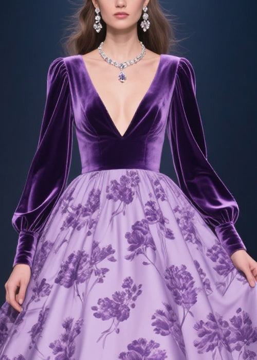 Deep V-Neck Puff Sleeve Floral Print Lace Trim High-Low Velvet Gown 2