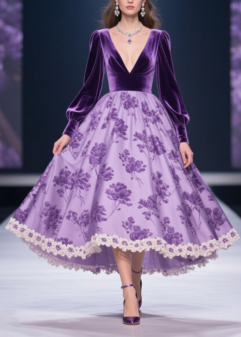 Deep V-Neck Puff Sleeve Floral Print Lace Trim High-Low Velvet Gown 3