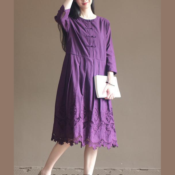 Round Neck Frog Button Eyelet Lace Scalloped Hem Midi Dress