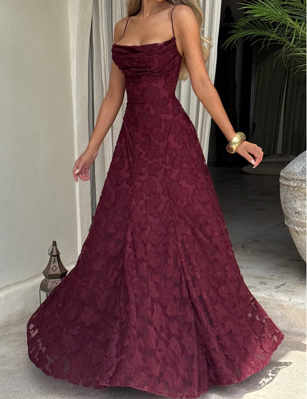 Cowl Neck Spaghetti Strap Floral Burnout Maxi Gown