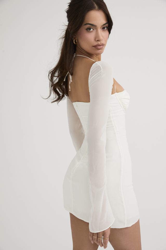 Halter Tie Neck Sweetheart Ruched Long Sleeve Hip Cutout Drawstring Mini Dress 18