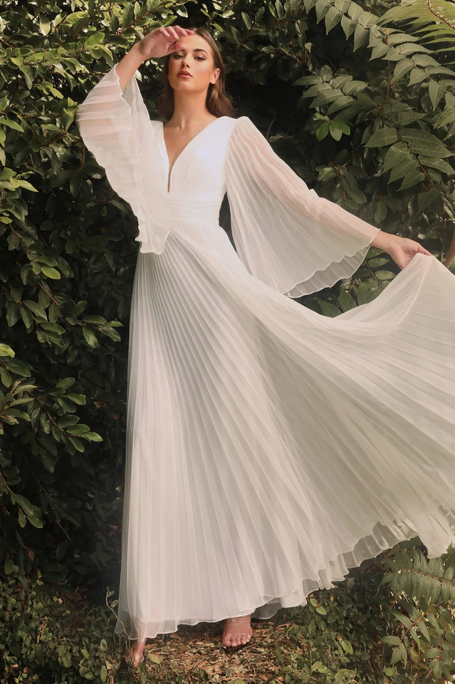Accordion Pleat Plunging V-Neck Bell Sleeve Cinched Waist A-Line Maxi Gown 12