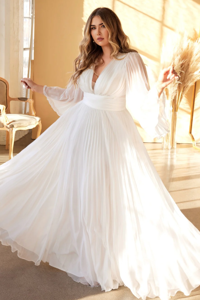 Accordion Pleat Plunging V-Neck Bell Sleeve Cinched Waist A-Line Maxi Gown 8