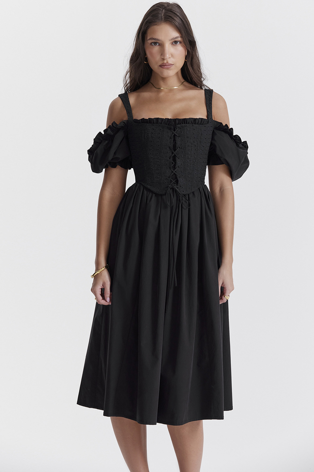 Eyelet Lace-Up Corset Puff Sleeve Cold Shoulder Fit-and-Flare Midi Dress 7