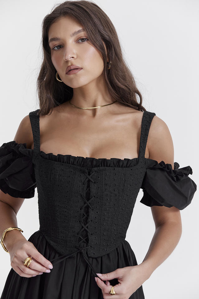 Eyelet Lace-Up Corset Puff Sleeve Cold Shoulder Fit-and-Flare Midi Dress 9
