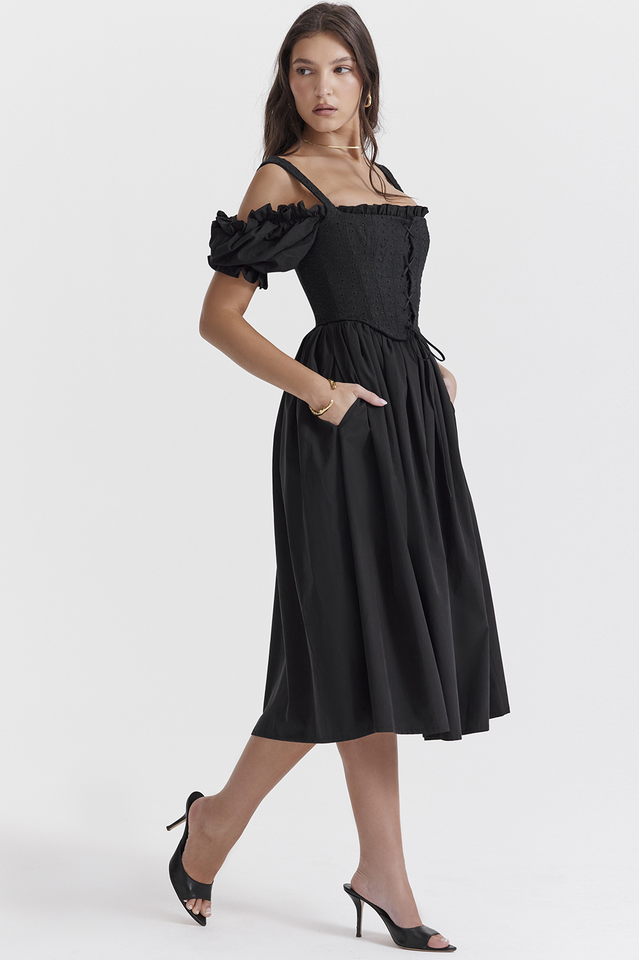Eyelet Lace-Up Corset Puff Sleeve Cold Shoulder Fit-and-Flare Midi Dress 5