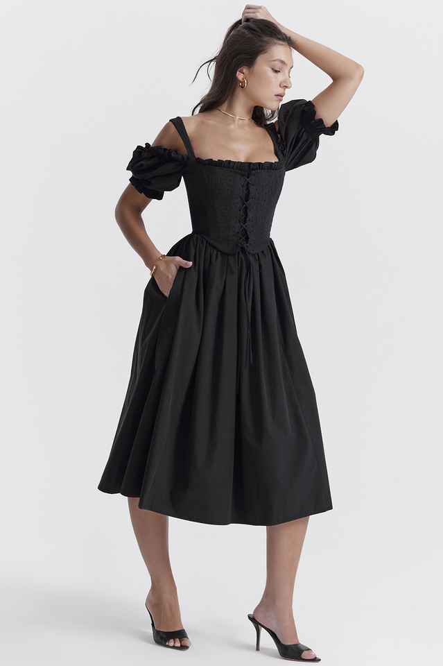 Eyelet Lace-Up Corset Puff Sleeve Cold Shoulder Fit-and-Flare Midi Dress 6