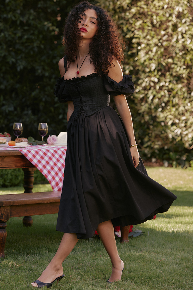 Eyelet Lace-Up Corset Puff Sleeve Cold Shoulder Fit-and-Flare Midi Dress 13