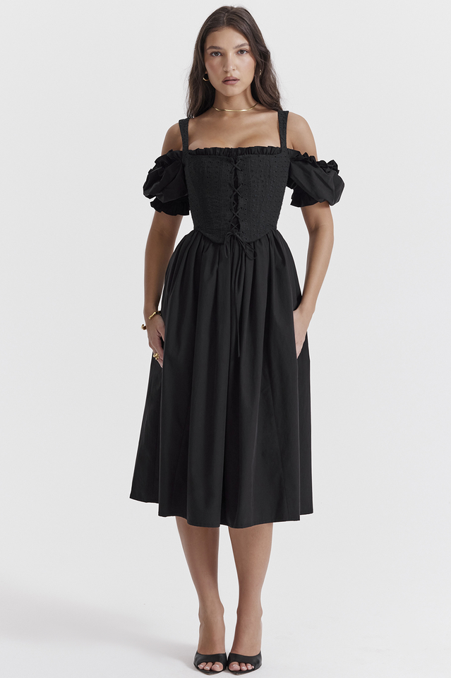 Eyelet Lace-Up Corset Puff Sleeve Cold Shoulder Fit-and-Flare Midi Dress 3
