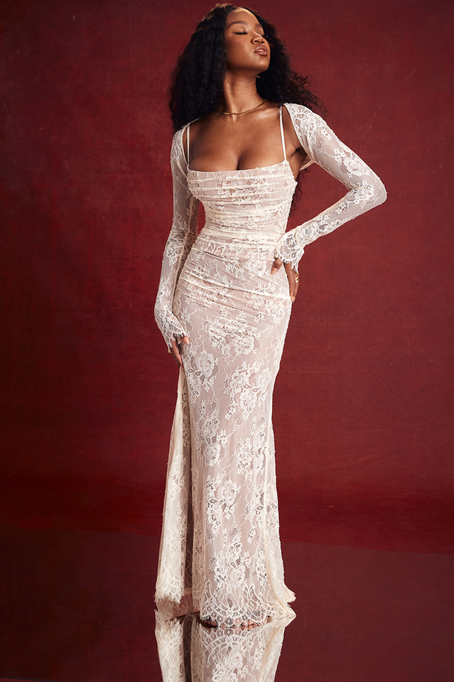 Square Neck Spaghetti Strap Floral Lace Scalloped Hem Maxi Dress with Long Sleeve Bolero 5