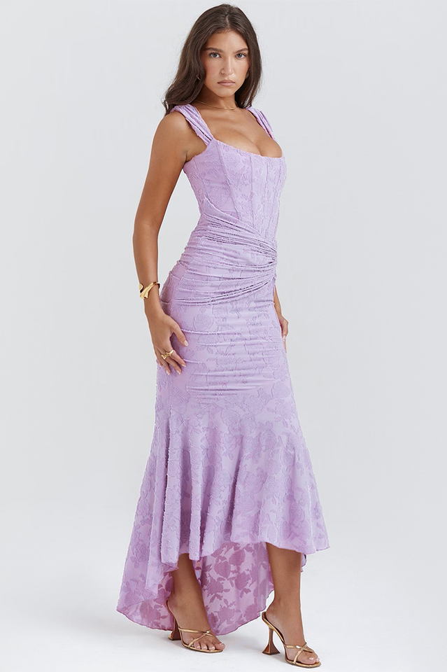 Floral Burnout Lace Corset Bodice Ruched Wrap High-Low Mermaid Midi Dress 17