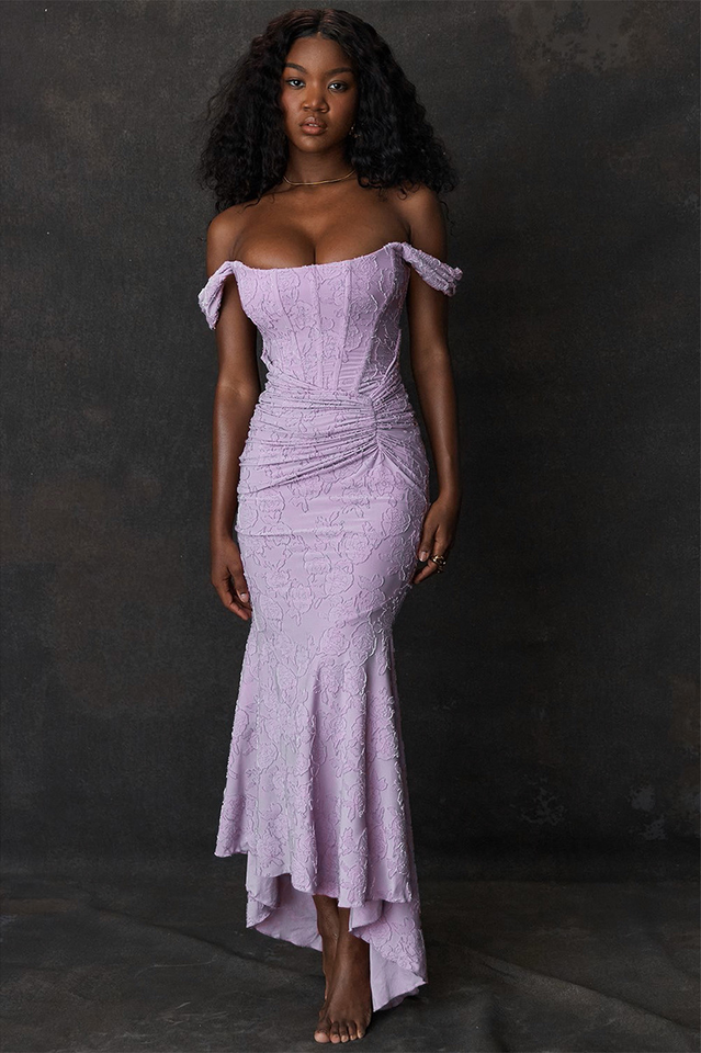 Floral Burnout Lace Corset Bodice Ruched Wrap High-Low Mermaid Midi Dress 21