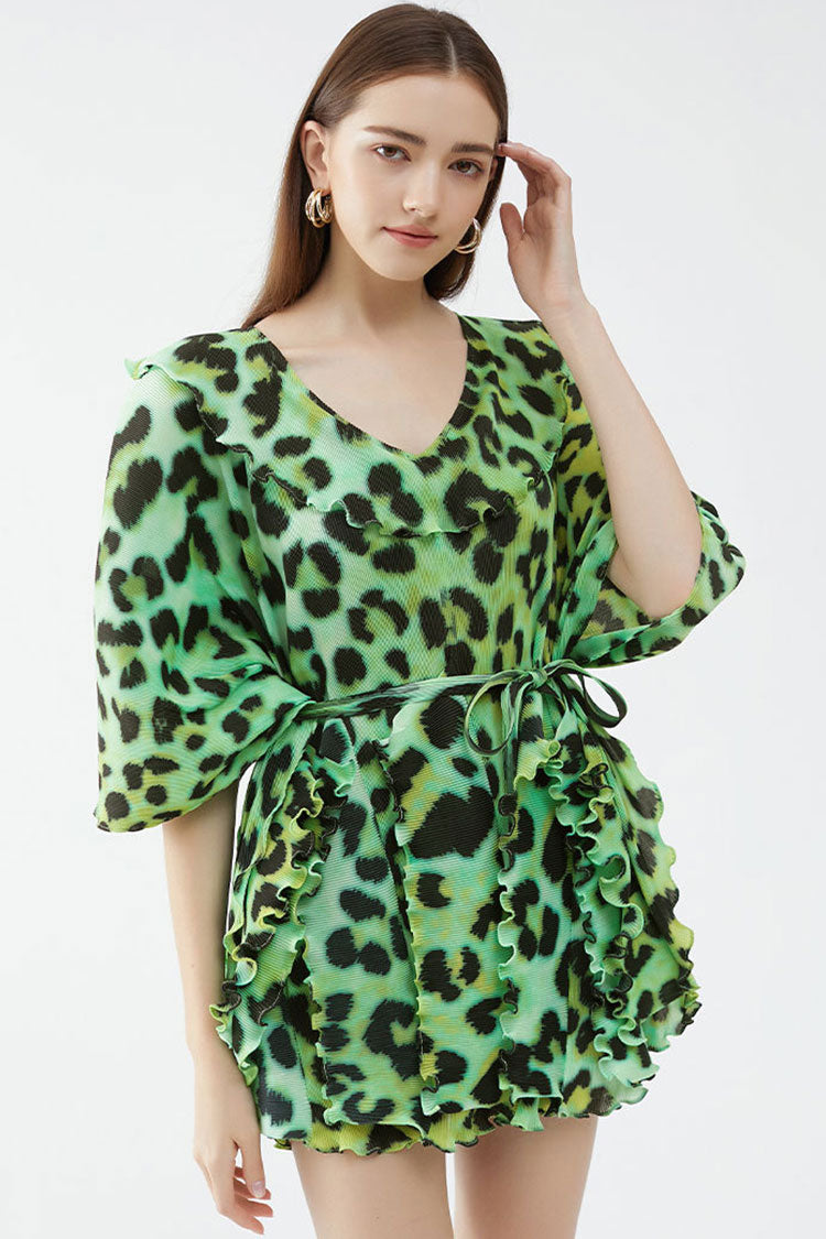 Print V-Neck Ruffle Half Sleeve Tie Waist Pleated Mini Dress 2
