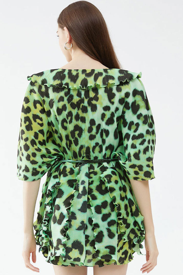 Print V-Neck Ruffle Half Sleeve Tie Waist Pleated Mini Dress 4
