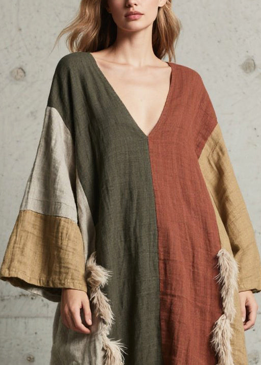 Deep V-Neck Wide Sleeve Side Fringe Trim Colorblock Linen Maxi Kaftan Dress 2