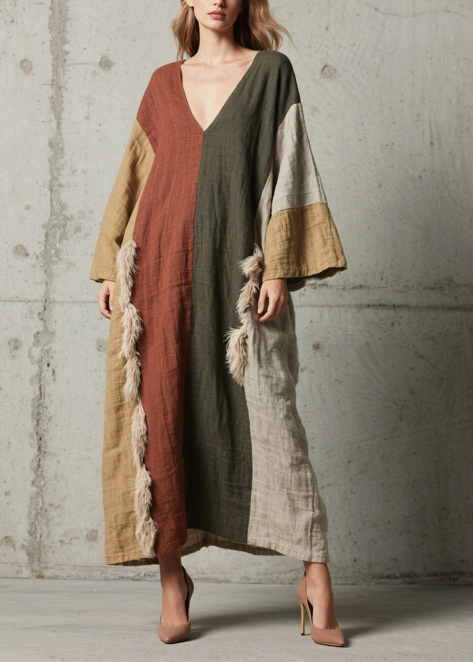 Deep V-Neck Wide Sleeve Side Fringe Trim Colorblock Linen Maxi Kaftan Dress 3