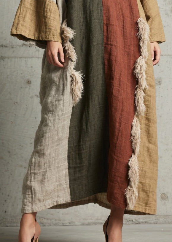 Deep V-Neck Wide Sleeve Side Fringe Trim Colorblock Linen Maxi Kaftan Dress 4