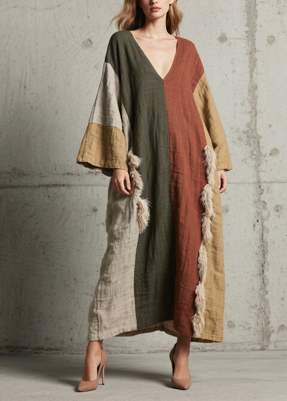 Deep V-Neck Wide Sleeve Side Fringe Trim Colorblock Linen Maxi Kaftan Dress 5