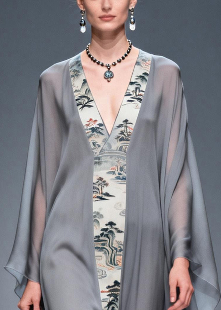 Landscape Print Deep V-Neck Column Maxi Dress with Sheer Cape Sleeve Overlay 2