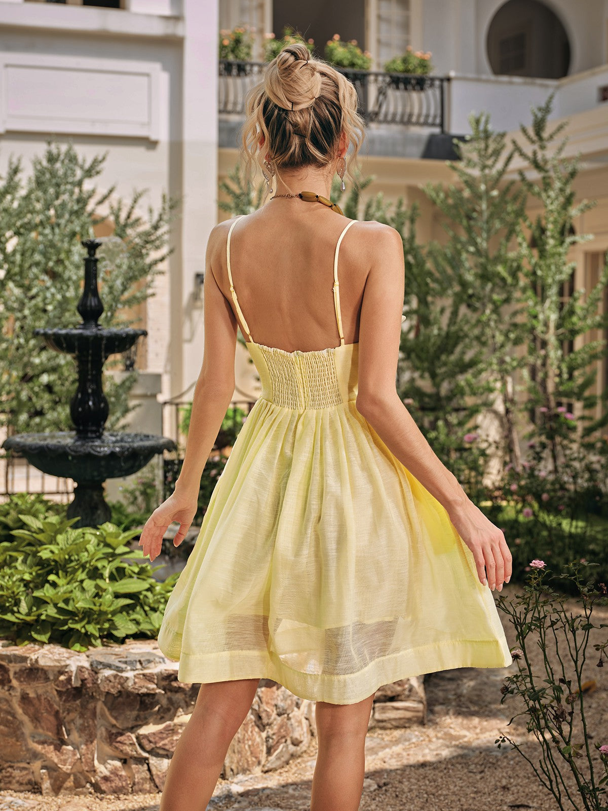 Spaghetti Strap Plunging V-Neck Ruched Bodice Side Pocket Fit and Flare Mini Dress 6