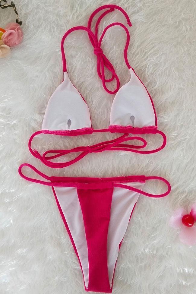Pink Ribbed Thong Sliding Triangle Bikini