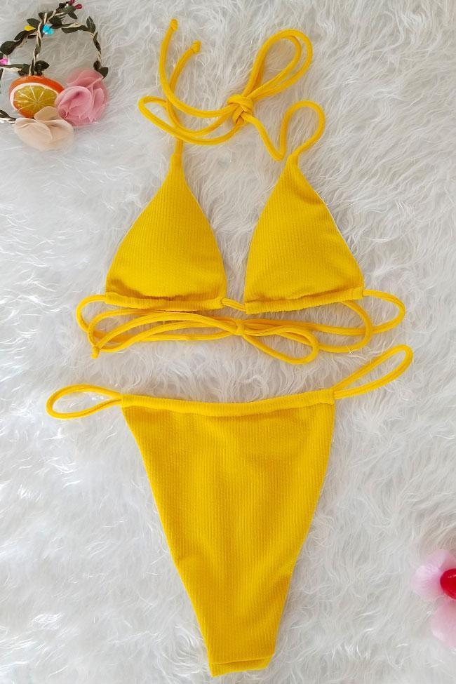 Yellow Ribbed Thong Sliding Triangle Bikini
