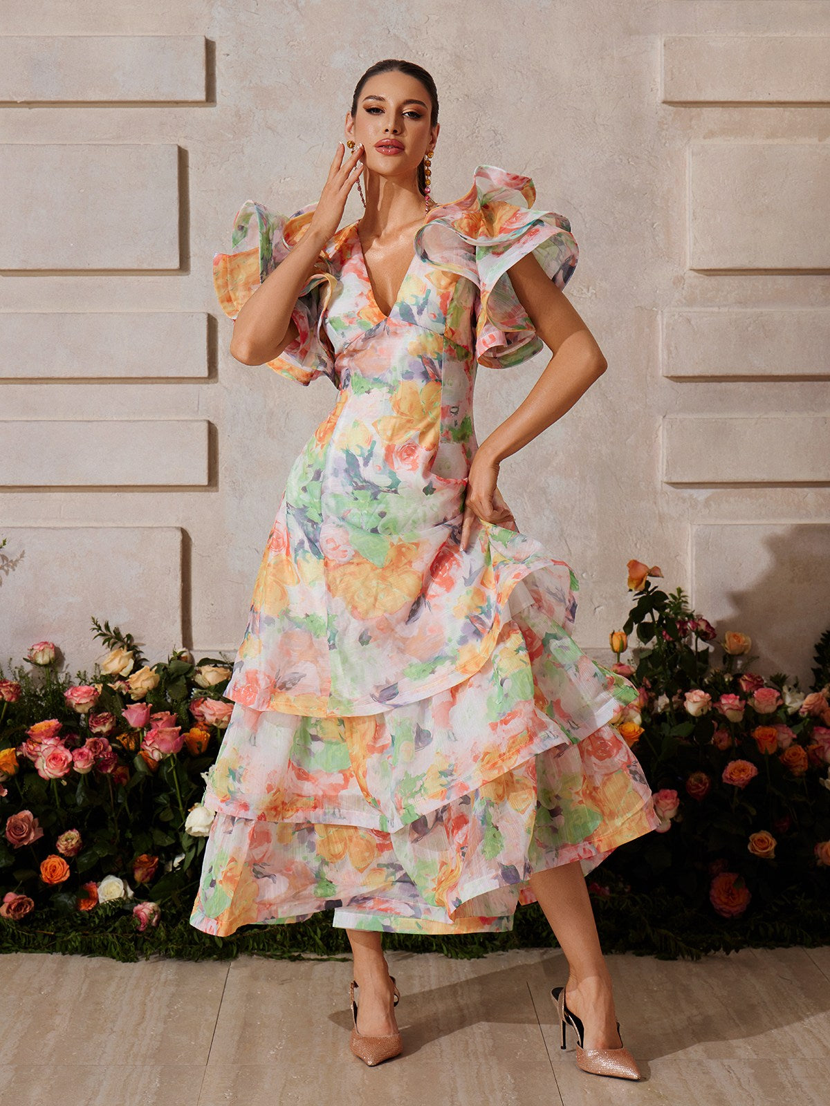 Deep V Floral Print Tiered Maxi Dress
