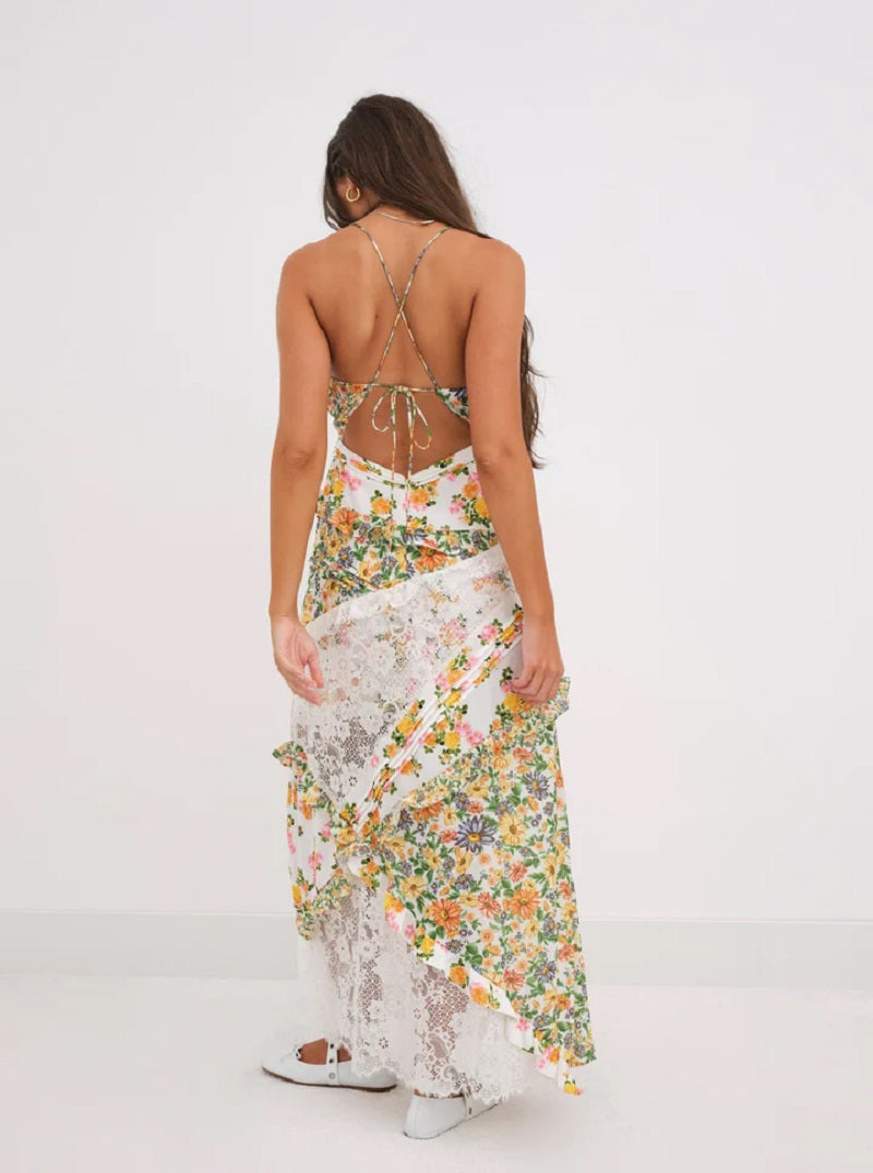 Plunging V-Neck Spaghetti Strap Floral Lace Panel Handkerchief Maxi Dress 5