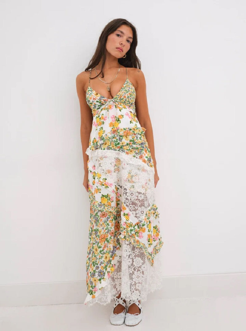 Plunging V-Neck Spaghetti Strap Floral Lace Panel Handkerchief Maxi Dress 4