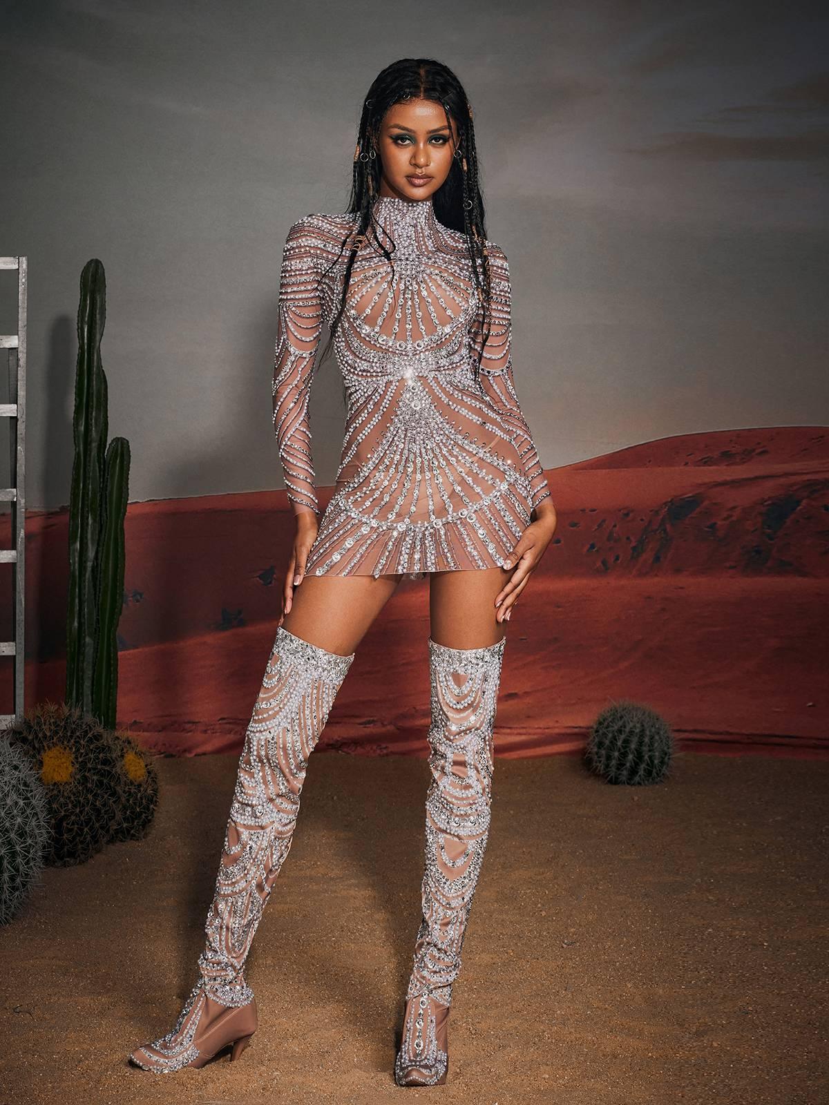 Mock Neck Long Sleeve Rhinestone Sunburst Mesh Embellished Mini Dress