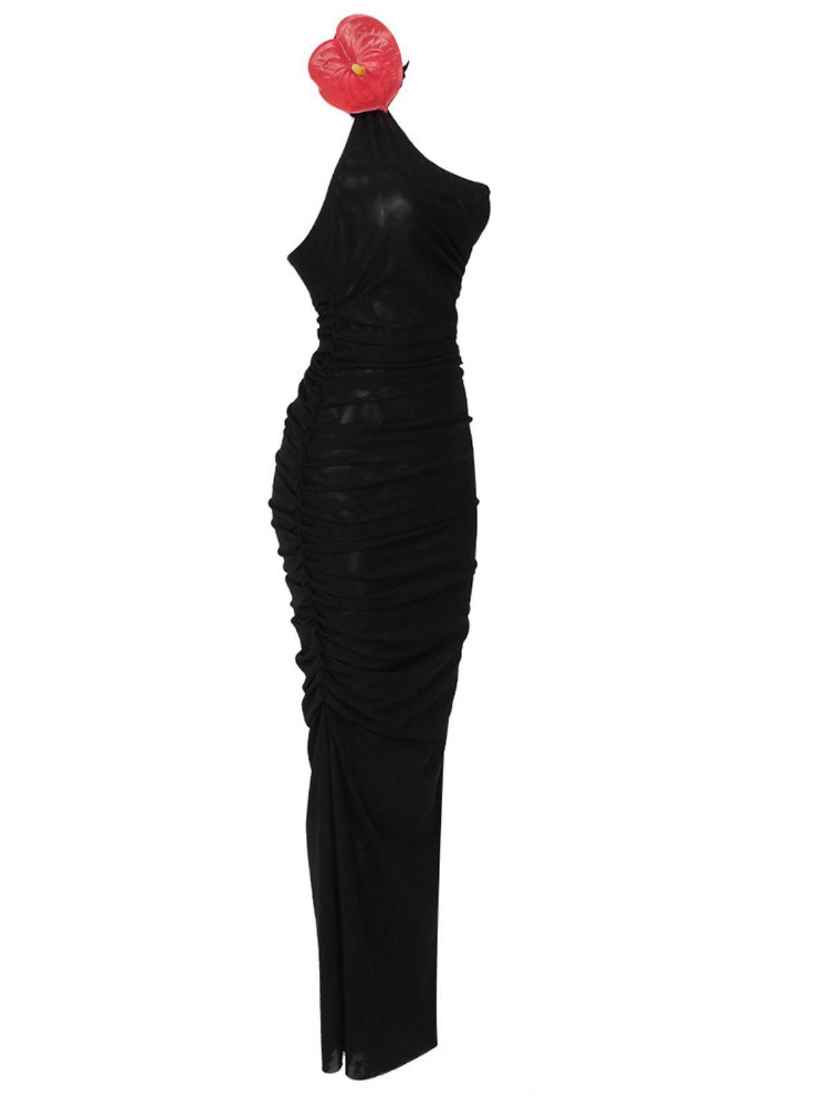 One Shoulder Halter Anthurium Accent Ruched Mesh Column Maxi Gown 8