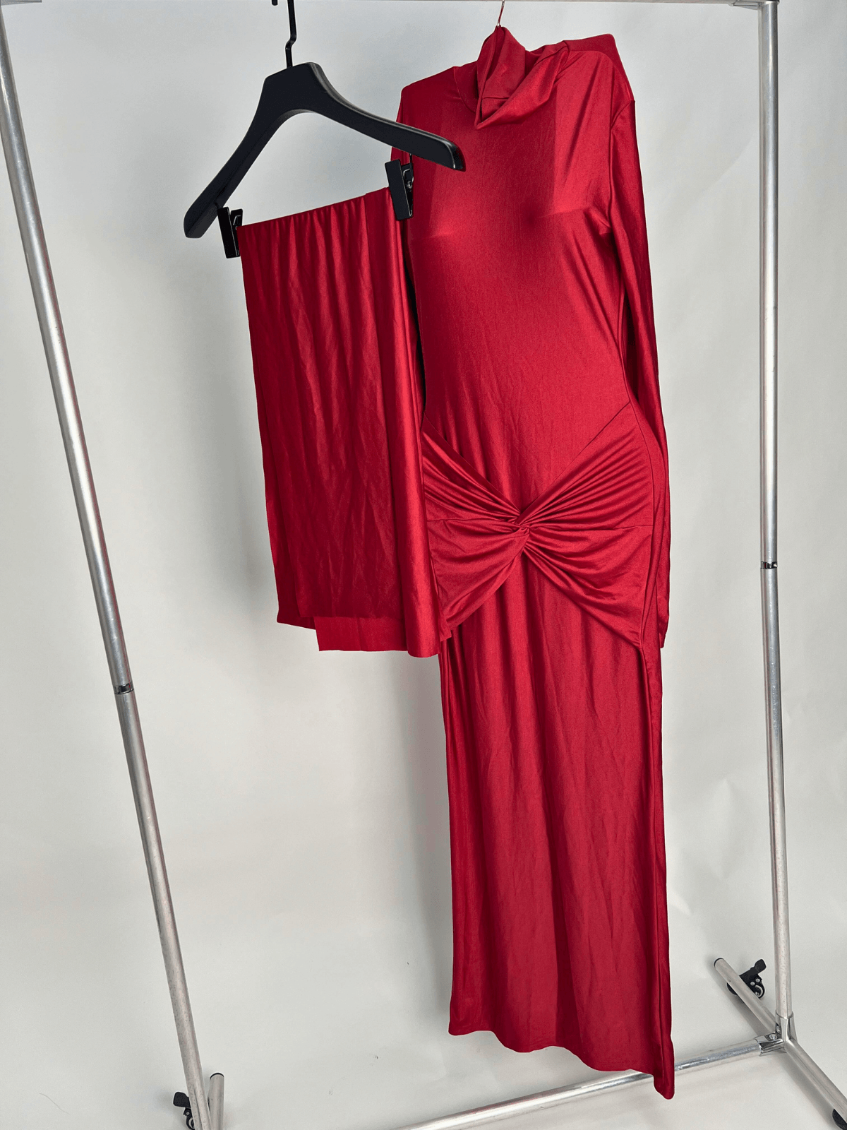 Mock Neck Long Sleeve Center Front Draped Sash Bodycon Maxi Dress 7