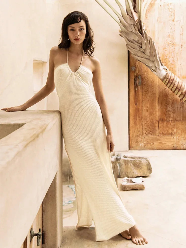 Halter Cross Strap Deep V Neck Ribbed High Slit Maxi Dress 8