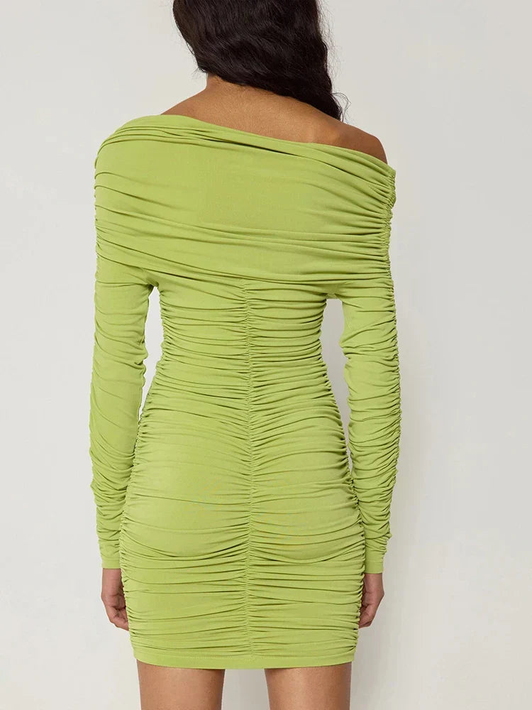 Asymmetric Neck Ruched Gathered Long Sleeve Bodycon Mini Dress 7