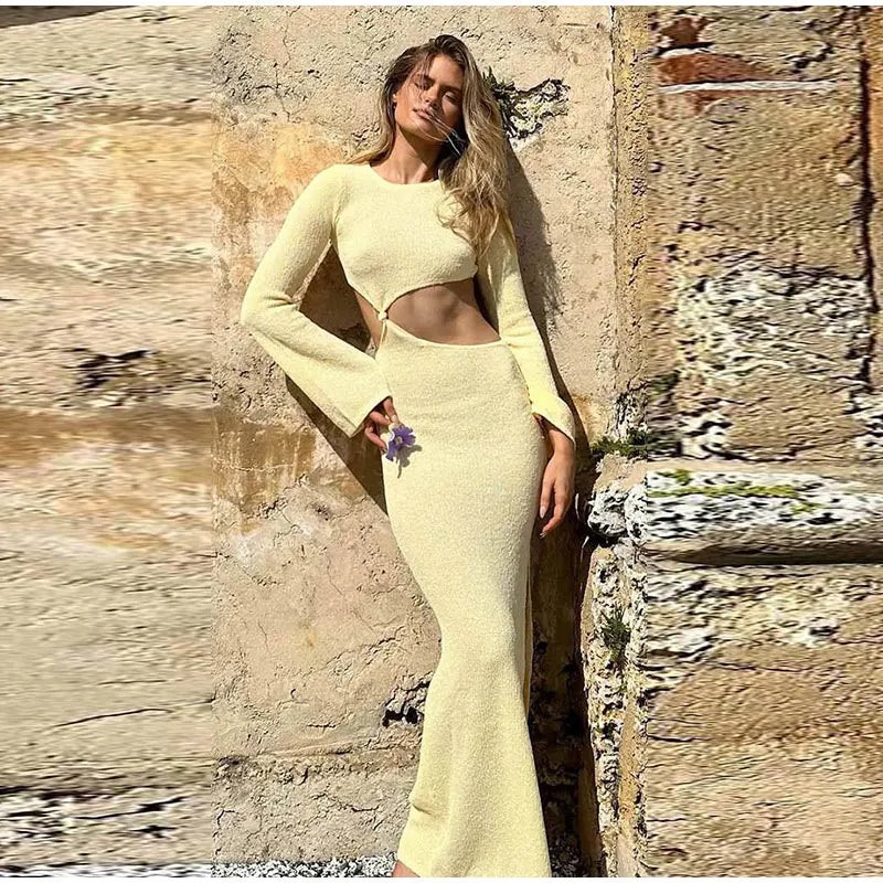 Crew Neck Cutout Twist Waist Side Slit Boucle Knit Maxi Dress 13