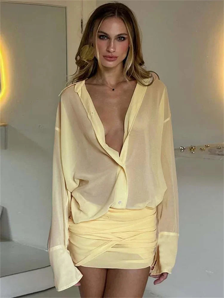 Plunging Collared Neckline Long Sleeve Ruched Wrap Mini Dress Set 2