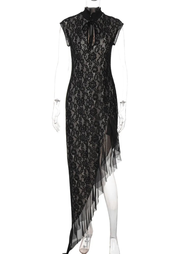 Mandarin Collar Keyhole Floral Lace Ruffled Hem High Low Maxi Dress 6