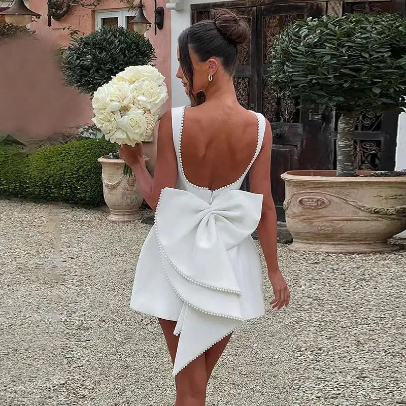Pearl Trim Neckline Princess Seam Oversized Bow Back Fit and Flare Mini Dress 2