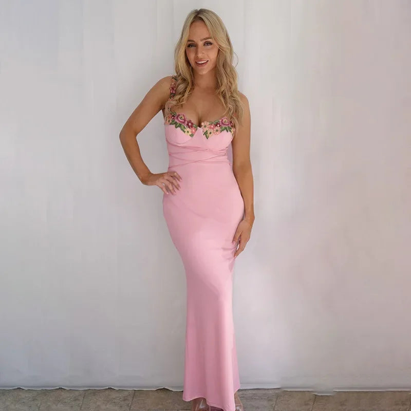Sweetheart Floral Embroidery Strap Corset Waist Lace-Up Tassel Bodycon Midi Dress 3