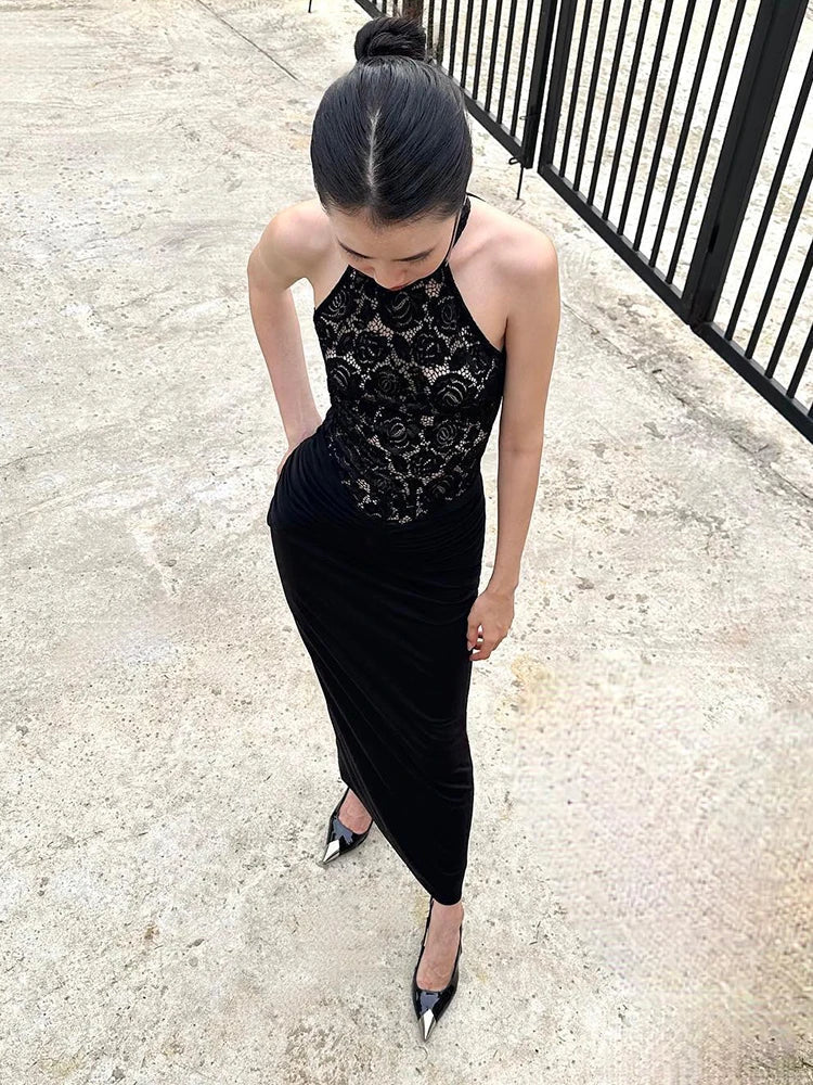 Halter Neck Floral Lace Bodice Column Maxi Dress 6