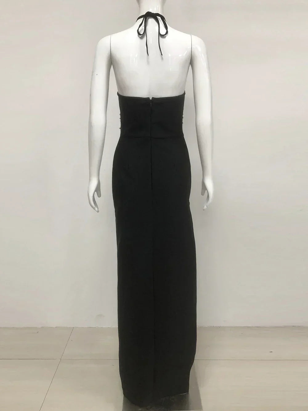 Halter Ring Cut Out Studded Thigh Slit Backless Maxi Gown 10
