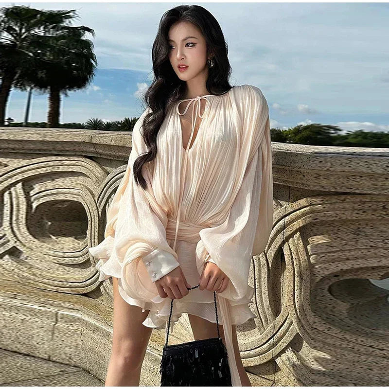 Keyhole Tie Neck Pleated Bishop Sleeve Tiered Ruffle Skirt Set 16