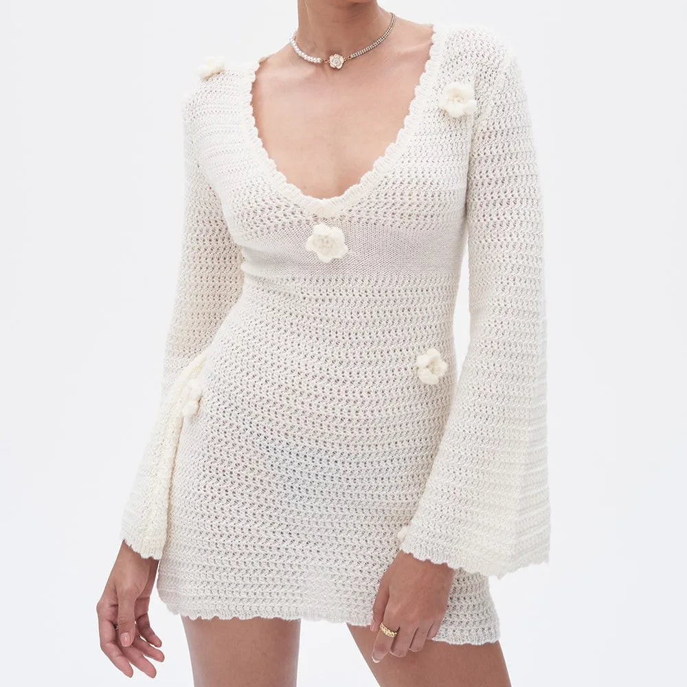 Crochet 3D Floral Applique Bell Sleeve Deep V Mini Dress