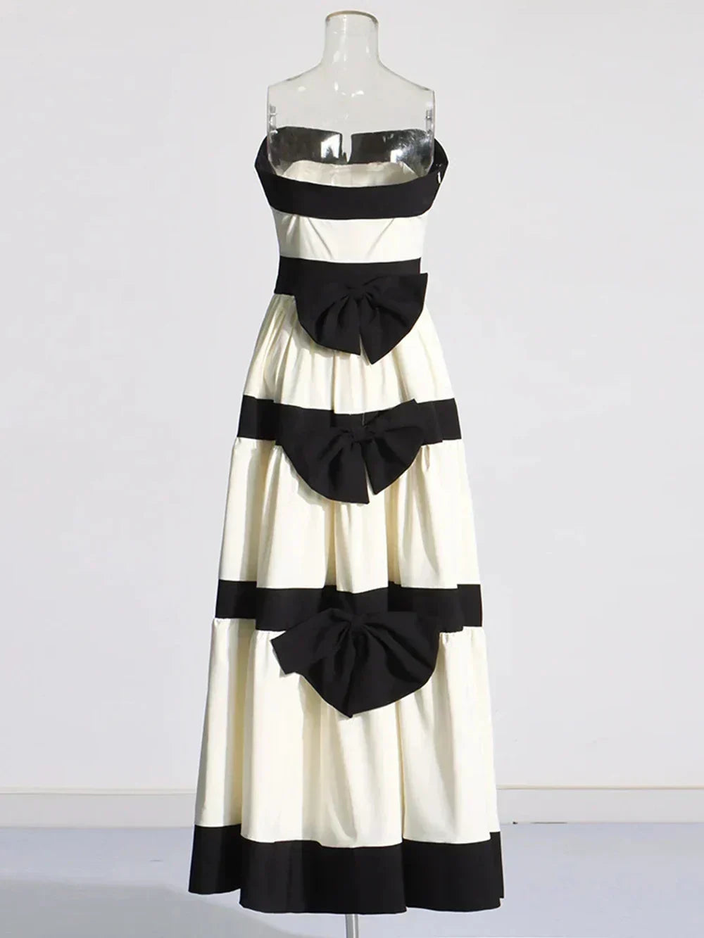 Strapless V Notch Neckline Tiered Horizontal Banded Full Skirt Gown 9