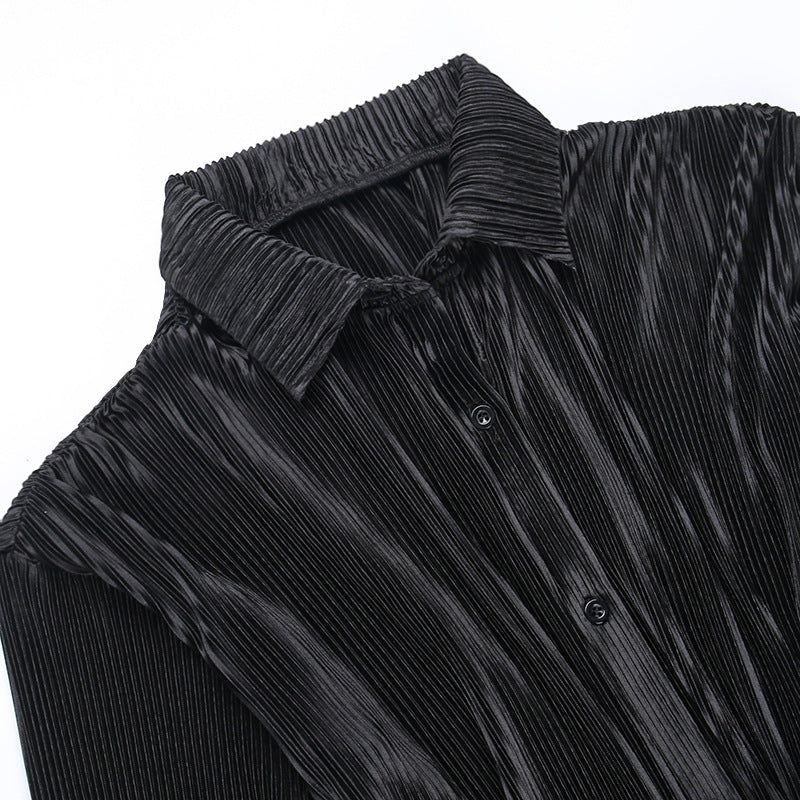 Collared Button Front Pleated Tie Waist Shirt Mini Dress 9