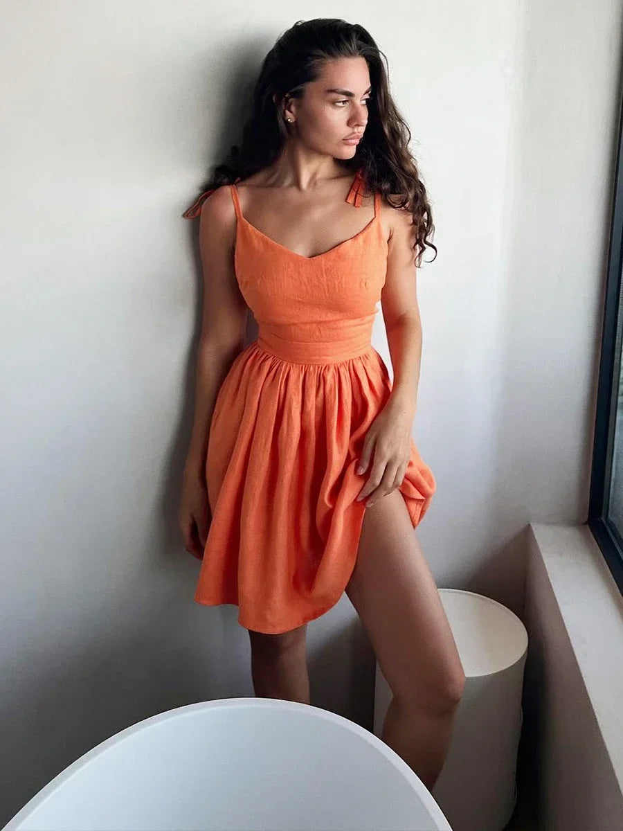 Tie Shoulder Bow Backless V-Neck Pleated Mini Dress 6