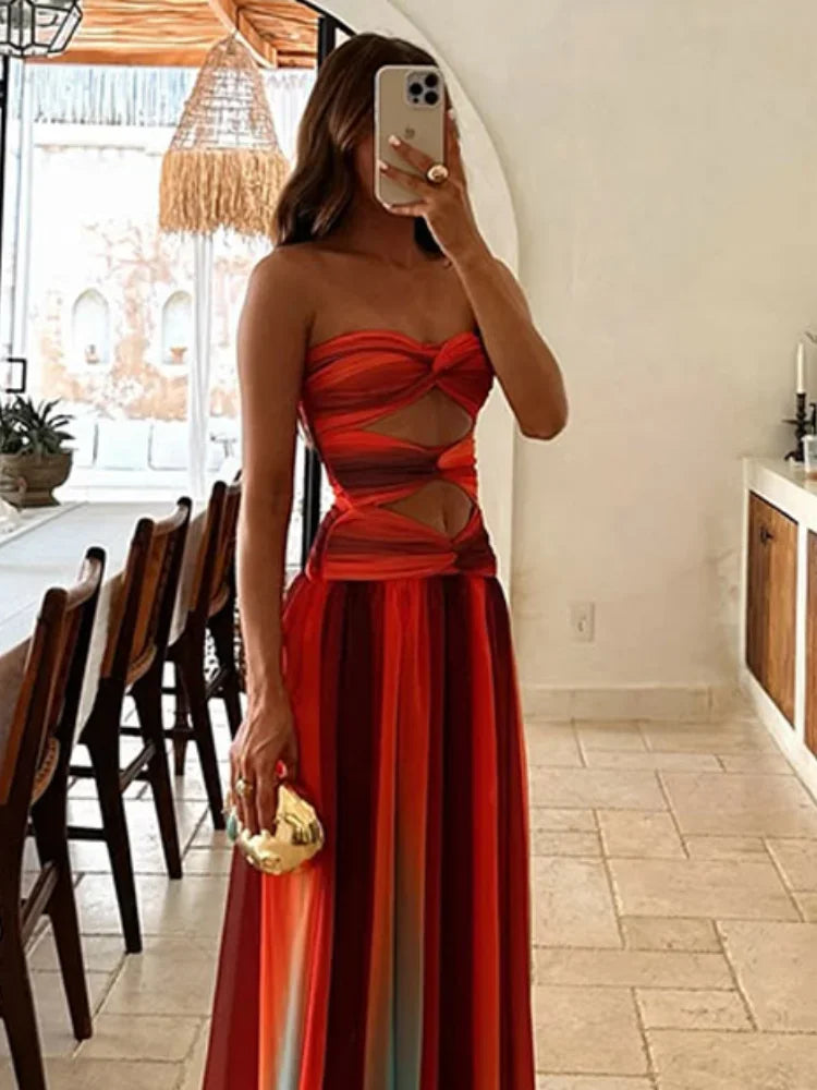 Pleated Tulle Strapless Twist Knot Cut Out Tiered Maxi Dress 3
